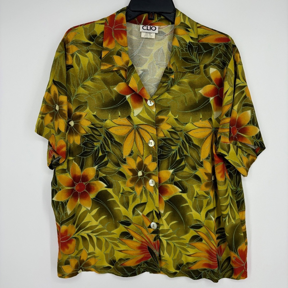 Cleo Womens Large Button Up Blouse Orange Green Floral 100% Rayon Vintage SS
